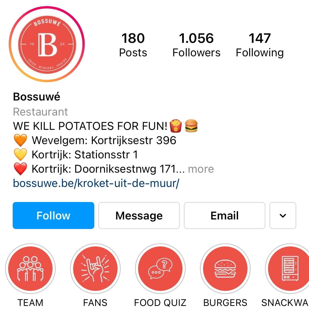 Onze klant Bossuwé uit Kortrijk is een goed voorbeeld van een levendige instagrampagina.